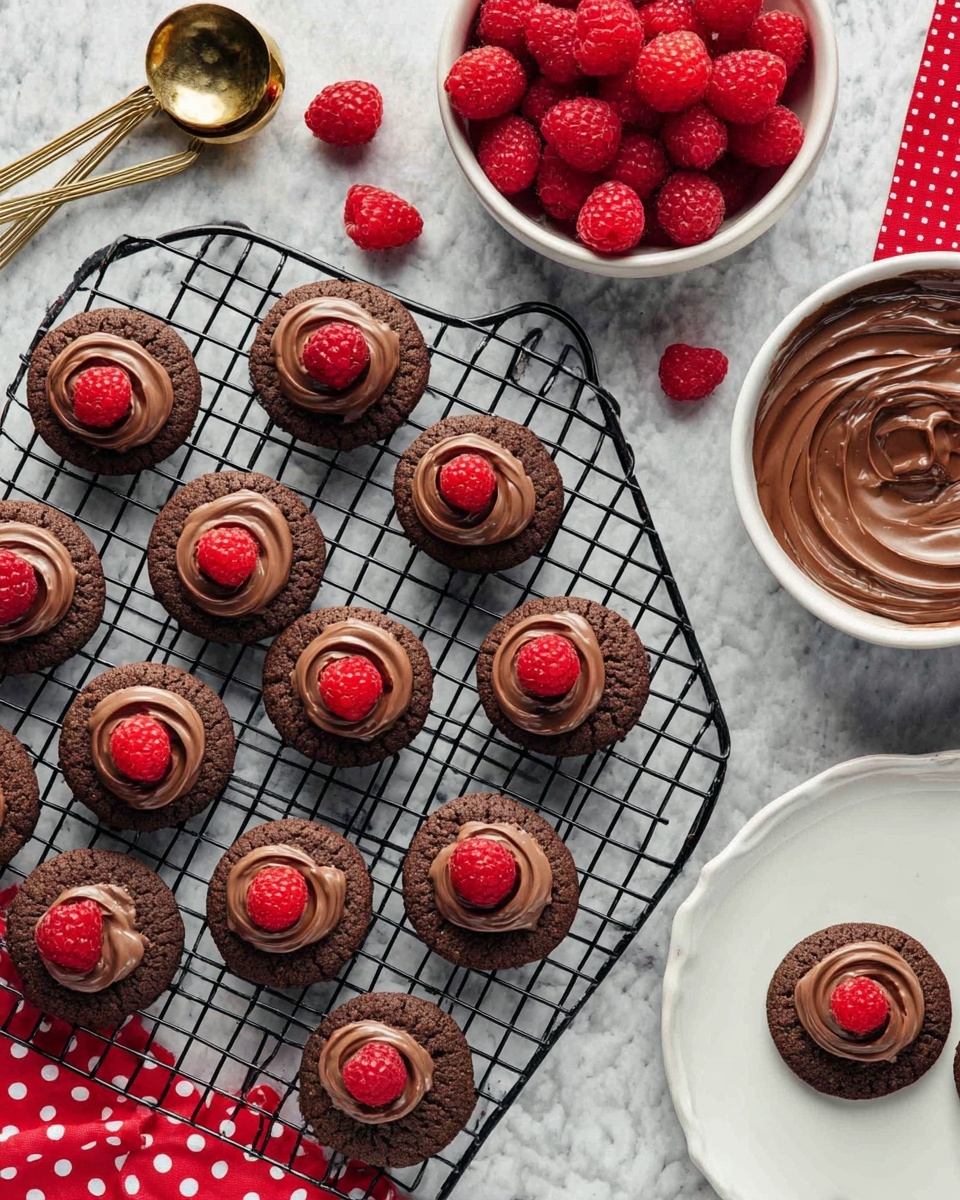 The image shows small round chocolate cookies on a black wire cooling rack placed on a white marbled surface. Each cookie has a swirl of shiny chocolate spread on top, with some cookies decorated with a bright red raspberry in the center. Nearby, there is a white bowl full of fresh raspberries and another white bowl filled with smooth chocolate spread. Two gold measuring spoons with chocolate spread rest next to the bowls. A white plate with a red cloth with white polka dots is partially visible. One cookie without any topping is also present near the bottom right. Photo taken with an iphone --ar 4:5 --v 7