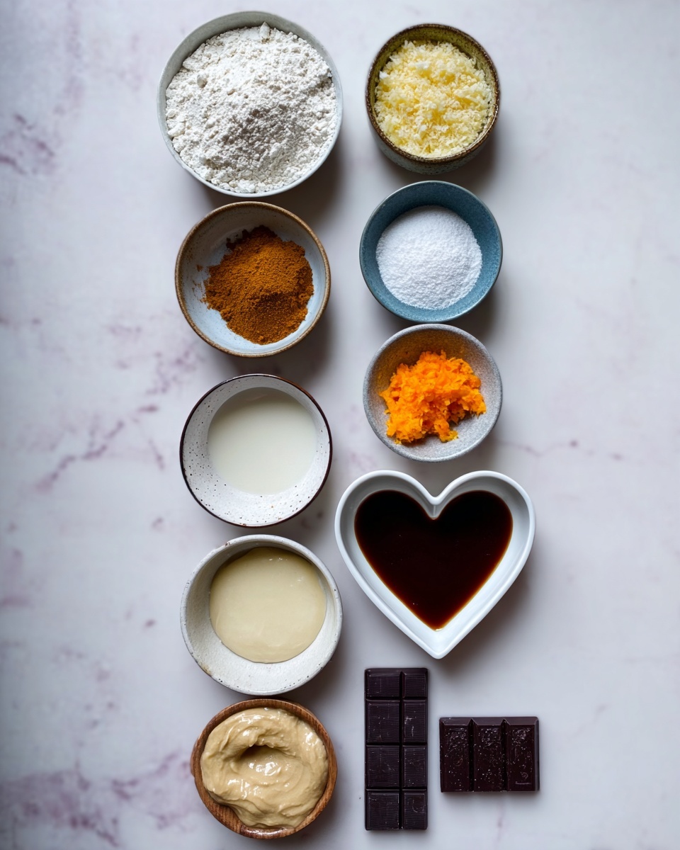 This image shows ten small white bowls and dishes arranged vertically in two close columns on a white marbled surface. The first column from top to bottom contains: a bowl filled with white flour, a bowl with pale yellow powder, a small blue bowl with white salt, a small wooden bowl filled with brown powder, and a small bowl with chopped orange pieces. The second column from top to bottom contains: a small bowl with bright orange zest, a white heart-shaped dish with a thick dark brown liquid, a bowl with a creamy beige paste, a bowl with white liquid, and a small dark chocolate bar at the bottom. photo taken with an iphone --ar 4:5 --v 7