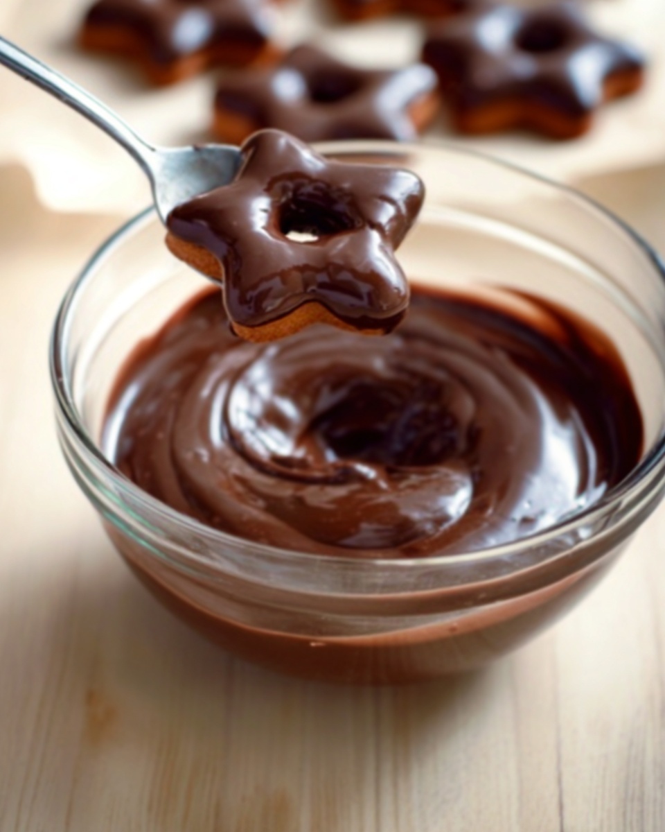 A clear glass bowl filled with smooth, shiny dark brown chocolate. A spoon holds a star-shaped donut coated in thick, glossy chocolate dip, partially lifted above the bowl. The bowl is placed on a light wood surface with more star-shaped donuts blurred in the background. The scene is bright with natural light highlighting the rich texture of the chocolate. photo taken with an iphone --ar 4:5 --v 7