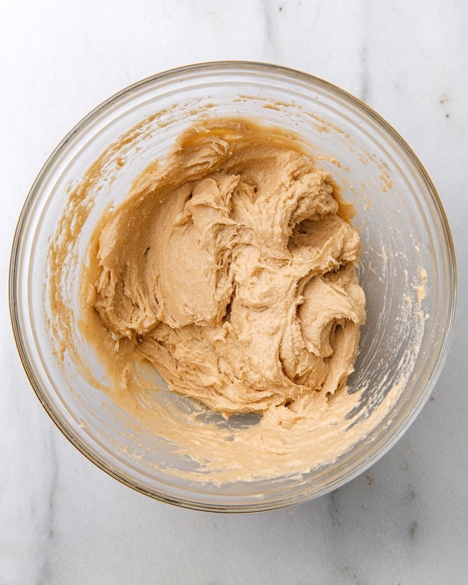 A clear glass bowl sits on a white marbled surface filled with a creamy, light brown dough. The dough has a smooth but thick texture with some rough, fluffy peaks and swirls rising above the base layer. The mix looks sticky and well blended, coating the sides of the bowl unevenly. The bowl is round and clear, showing the dough from above and the sides. photo taken with an iphone --ar 4:5 --v 7
