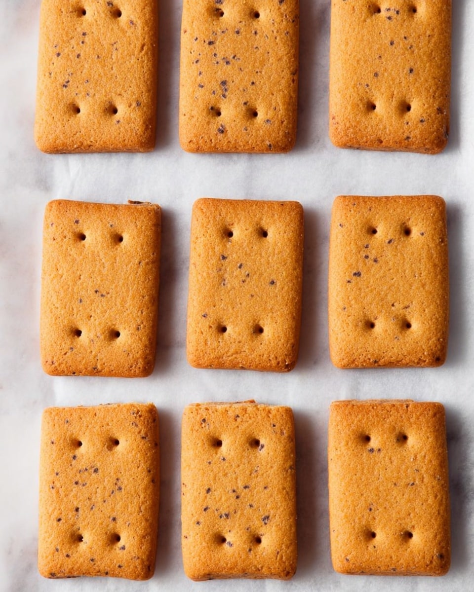 The image shows nine rectangular golden-brown biscuits neatly arranged in rows on white parchment paper over a white marbled surface. Each biscuit is evenly baked with small holes in a grid pattern on top and has tiny dark spots scattered across the surface, giving a slightly textured look. The biscuits have clean edges and a firm, crumbly texture. The lighting highlights their warm color and slight crispness. photo taken with an iphone --ar 4:5 --v 7
