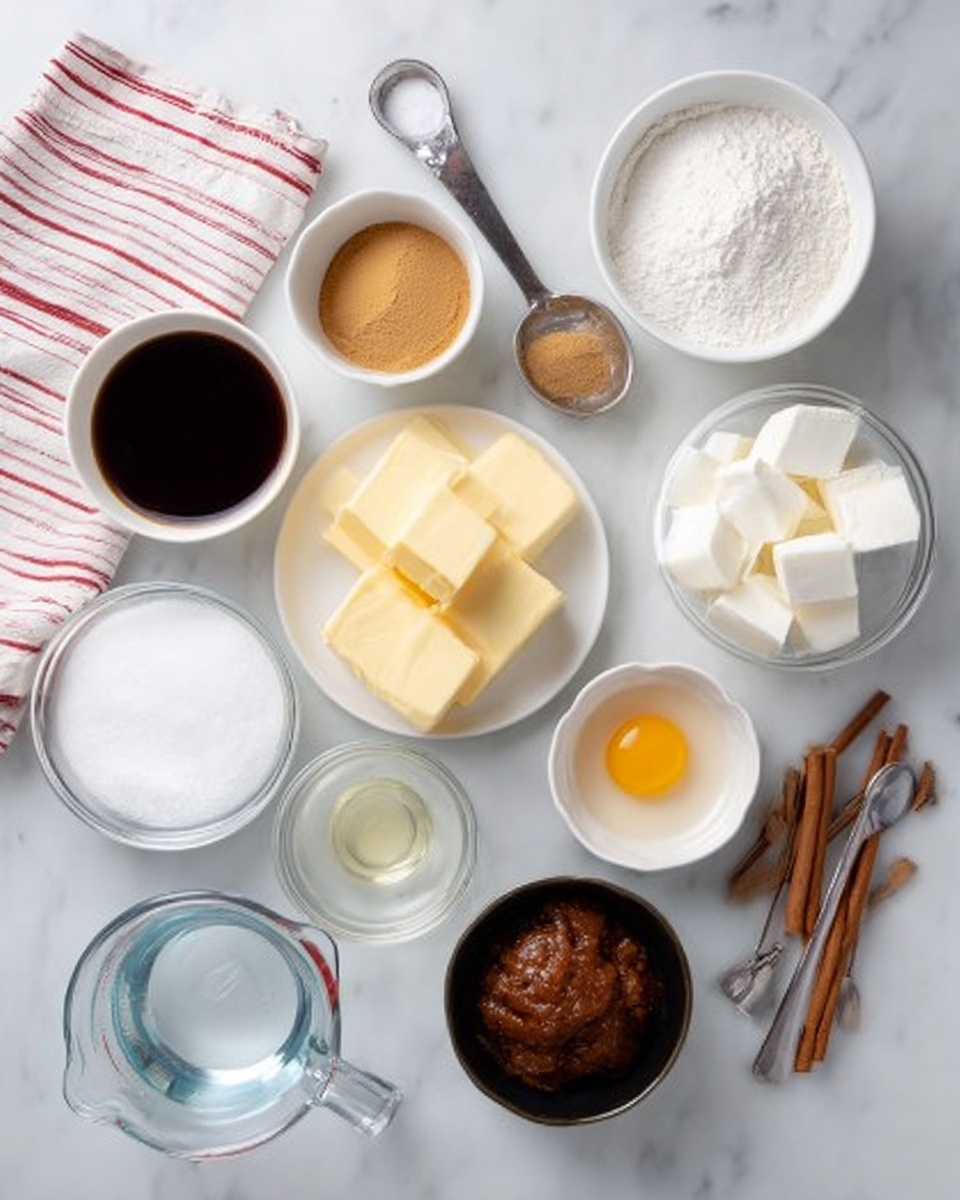 The image shows 15 small bowls and dishes placed on a white marbled surface, each holding different baking ingredients. Near the top left, a small white bowl holds a dark, shiny sauce, next to a bowl with light brown powder. To the top right, there is a white bowl with white powdered sugar and a silver measuring spoon filled with salt. Below these are two small white bowls holding golden blocks of butter, a clear bowl with white sugar, and a clear bowl with a single raw egg yolk in a light yellow liquid. To the right, a small white bowl contains vanilla extract, and beside it, two white cubes of cream cheese are in a glass bowl. In the bottom left corner, a glass measuring cup contains water. Center right has a dark bowl filled with a brown chunky paste. There are three cinnamon sticks on the far right bottom edge and a silver measuring spoon with a small amount of brown spice near them. The setting includes a white marbled cloth with red stripes on the top left part of the image photo taken with an iphone --ar 4:5 --v 7