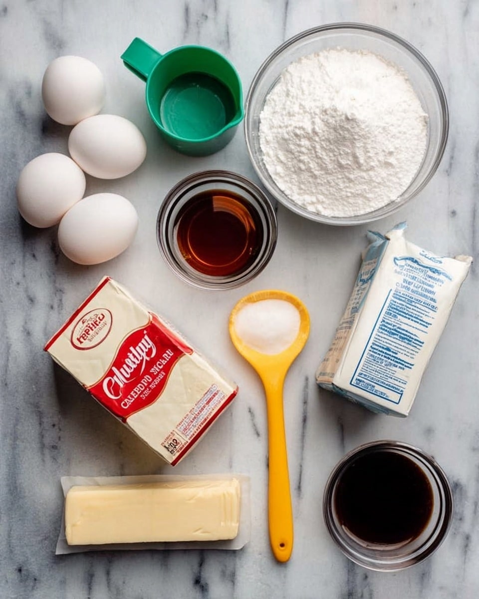 The image shows a top-down view of several baking ingredients arranged neatly on a white marbled surface. On the left side, there are six white eggs placed in two groups, nearby a large glass bowl filled with white granulated sugar. Above the sugar bowl sits a green measuring cup filled with flour, and next to it is a small glass bowl containing a dark brown liquid, likely vanilla extract. In the center, a stick of unsalted butter is placed horizontally. To the right, a carton of heavy whipping cream is standing upright, with its red and cream design visible. Nearby, there is a yellow measuring spoon filled with white sugar and a rectangular block of cream cheese in white packaging with blue text. At the bottom right corner, there is a small amount of dark liquid, likely coffee or molasses, with a rich dark brown color. The overall setup looks clean and organized, showing a variety of textures from smooth eggs to fine sugar and soft butter photo taken with an iphone --ar 4:5 --v 7