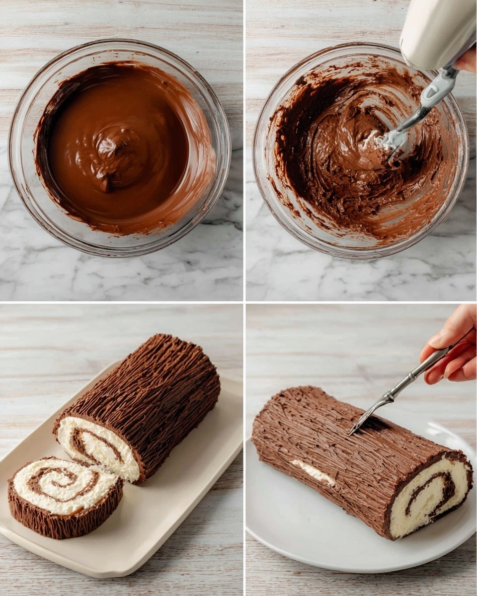 The images show the process of making a chocolate yule log cake. The first image has a clear bowl with smooth, dark brown chocolate melted inside, resting on a white marbled surface. The second image shows the chocolate in the same bowl but now whipped into a lighter, fluffy chocolate cream with visible texture, while a handheld mixer is mixing it. In the third image, a white rolled cake with a white cream spiral inside is lying on a white plate, covered in a layer of thick, creamy chocolate spread with smooth and soft texture. The last image shows the same cake with the chocolate frosting then textured with a fork to create lines like tree bark, and a piece of the rolled cake placed on one end to look like a log, all on a white plate with a woman’s hand holding a fork. Photo taken with an iphone --ar 4:5 --v 7