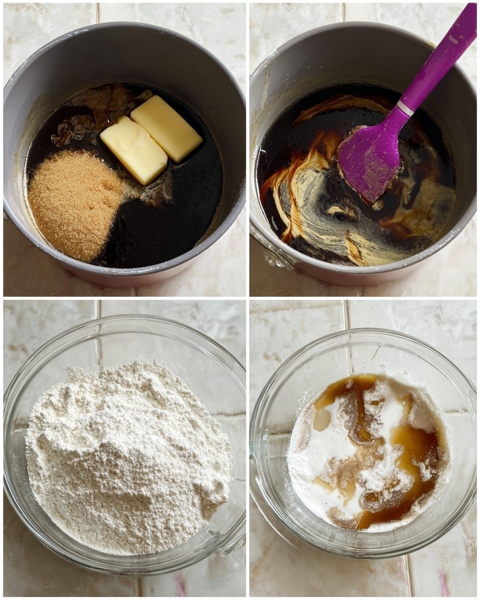 The image shows four parts of a recipe process. The top left part has a gray pot with dark syrup, brown sugar, and a yellow butter block on top. The top right part shows the same pot with the syrup mixture melted and stirred with a purple spatula. The bottom left part shows a clear glass bowl with white flour inside. The bottom right part shows the same bowl now with the syrup mixture, brown sugar, and white liquid added on top of the flour. The background and surface around the bowls and pot have a white marbled look. photo taken with an iphone --ar 4:5 --v 7