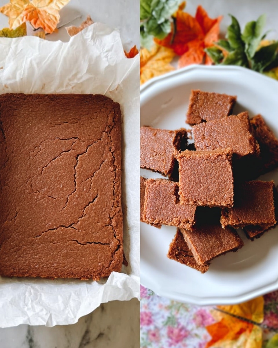 The image shows two parts: on the left, a rectangular brown baked cake with a cracked surface resting on white parchment paper, and on the right, a white plate filled with multiple square pieces of the same brown cake stacked in a slightly messy pile. The cake has a smooth yet cracked texture with a rich brown color, and the background is a white marbled surface with colorful autumn leaves and green foliage around the plate. Photo taken with an iphone --ar 4:5 --v 7