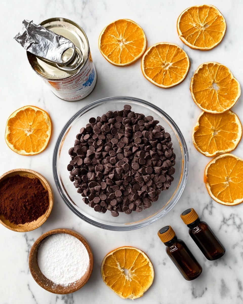 The image shows a top view of a white marbled surface with a clear glass bowl filled with dark brown chocolate chips at the center. Around the bowl, there are dried orange slices scattered evenly. On the left side, there is an open can of sweetened condensed milk with some of its foil lid peeled back. In the bottom left corner, a brown wooden bowl contains a fine dark brown powder, likely cocoa powder, while a similar bowl at the bottom center holds white powdered sugar. On the right side, there are two small dark brown bottles placed next to each other. The overall scene is bright and neat. Photo taken with an iphone --ar 4:5 --v 7