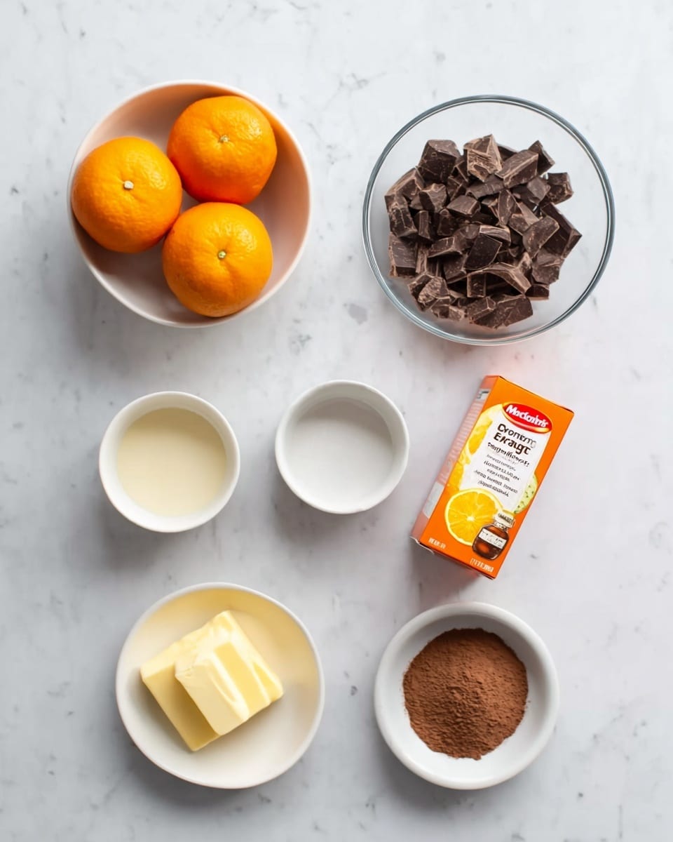 The image shows six items arranged on a white marbled surface. At the top left, a small white bowl holds three bright orange oranges. To the right, a clear glass bowl is filled with chopped dark chocolate pieces. Below the oranges, a white bowl contains a light cream or milk liquid. In the center, a small empty white bowl is positioned. To its right, an orange box of McCormick pure orange extract stands upright. Below the extract, a small white bowl holds two square pieces of butter. At the bottom right, a small white bowl contains brown cocoa powder. The layout is neat and evenly spaced, with a clean and simple look. photo taken with an iphone --ar 4:5 --v 7