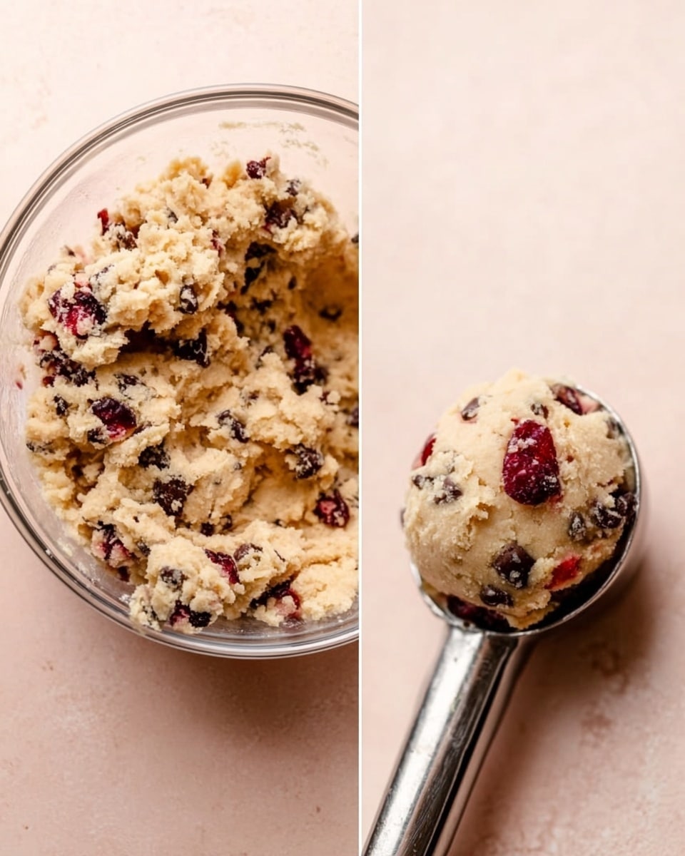 The image shows two parts: on the left side, a clear glass bowl filled with cookie dough that has a rough texture with visible bits of dark chocolate and red dried cranberries mixed throughout. The dough looks soft and chunky with a light beige color. On the right side, a silver cookie scoop holds a rounded ball of the same cookie dough, showing the same mix of chocolate and cranberries. Both parts are placed on a light pink surface with a soft, even tone. photo taken with an iphone --ar 4:5 --v 7