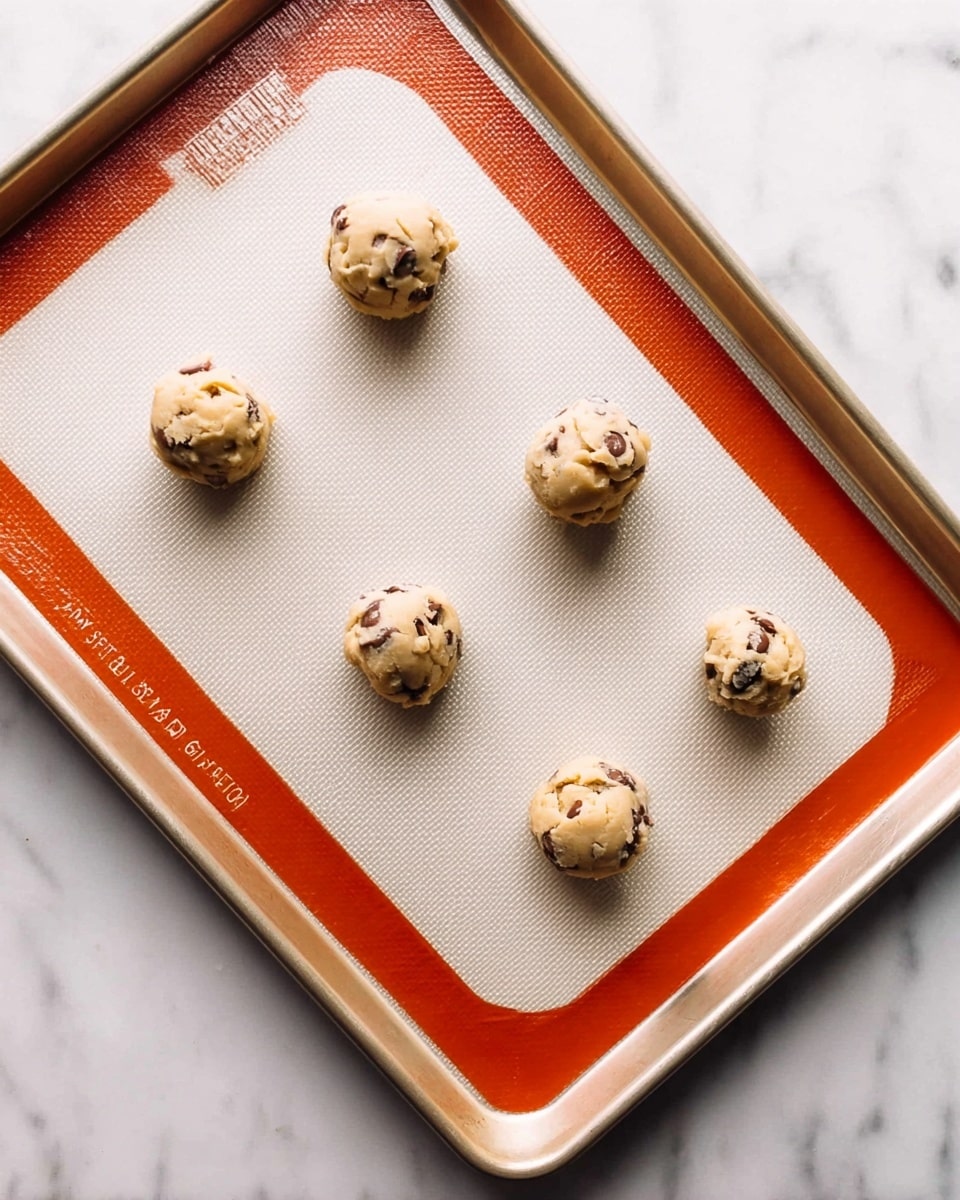 The image shows a baking tray with a white silicone baking mat that has an orange border. On the mat, there are six small round balls of cookie dough, spaced evenly apart. The dough is light beige with visible pieces of dried fruit and white chocolate chunks mixed inside. The tray rests on a white marbled surface. photo taken with an iphone --ar 4:5 --v 7