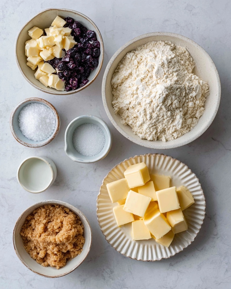 The image shows five bowls with baking ingredients arranged on a white marbled surface. In the top right, there is a large bowl filled with white flour, textured with small clumps. Below it to the left is a white bowl containing chunks of light brown white chocolate and dark blueberries mixed together. In the center right, there is a fluted white plate with neatly cut cubes of yellow butter. At the bottom left, a small white bowl is full of brown sugar with a crumbly texture. Next to it are two tiny white bowls, one filled with a small amount of white liquid and the other with white salt. The overall arrangement is neat and organized. Photo taken with an iphone --ar 4:5 --v 7