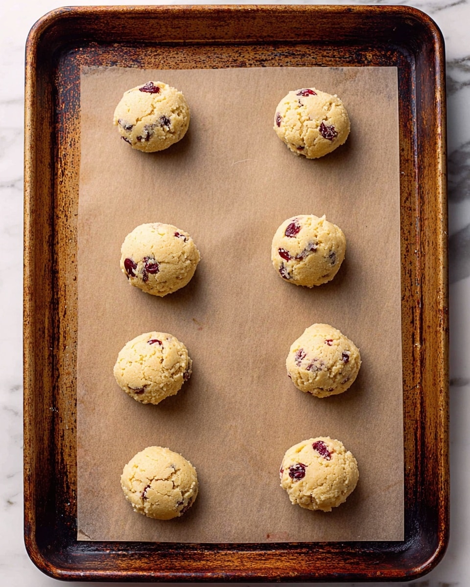 A baking tray lined with light brown parchment paper holds nine round, evenly spaced cookie dough balls. Each dough ball is pale yellow with visible small dark red spots of cranberries mixed in, and the dough has a slightly rough, crumbly texture. The baking tray is rustic metal with a worn, dark brown surface and slightly rounded edges. The background beneath the tray is a white marbled surface. photo taken with an iphone --ar 4:5 --v 7