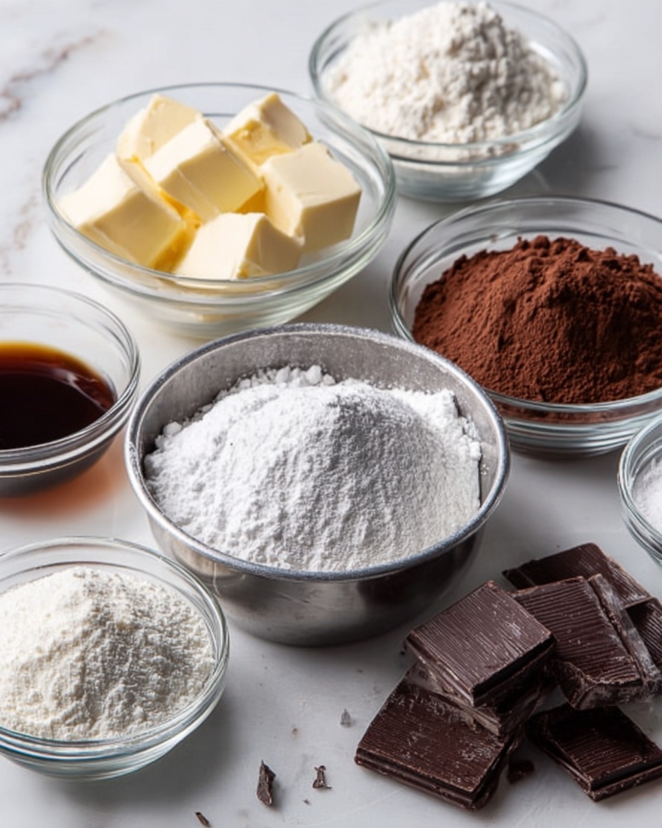 The image shows seven small glass and metal bowls placed on a white marbled surface. In the front center, there is a metal bowl filled with white powdered sugar. To the right, a glass bowl holds dark brown cocoa powder, and beside it, several dark chocolate pieces are arranged. In the back, from left to right, there is a glass bowl with pale yellow butter cubes, a glass bowl with white flour, a glass bowl of white granulated sugar, and a glass bowl with dark brown liquid vanilla extract. The colors are soft and natural, with smooth and powdery textures visible in the ingredients. Photo taken with an iphone --ar 4:5 --v 7