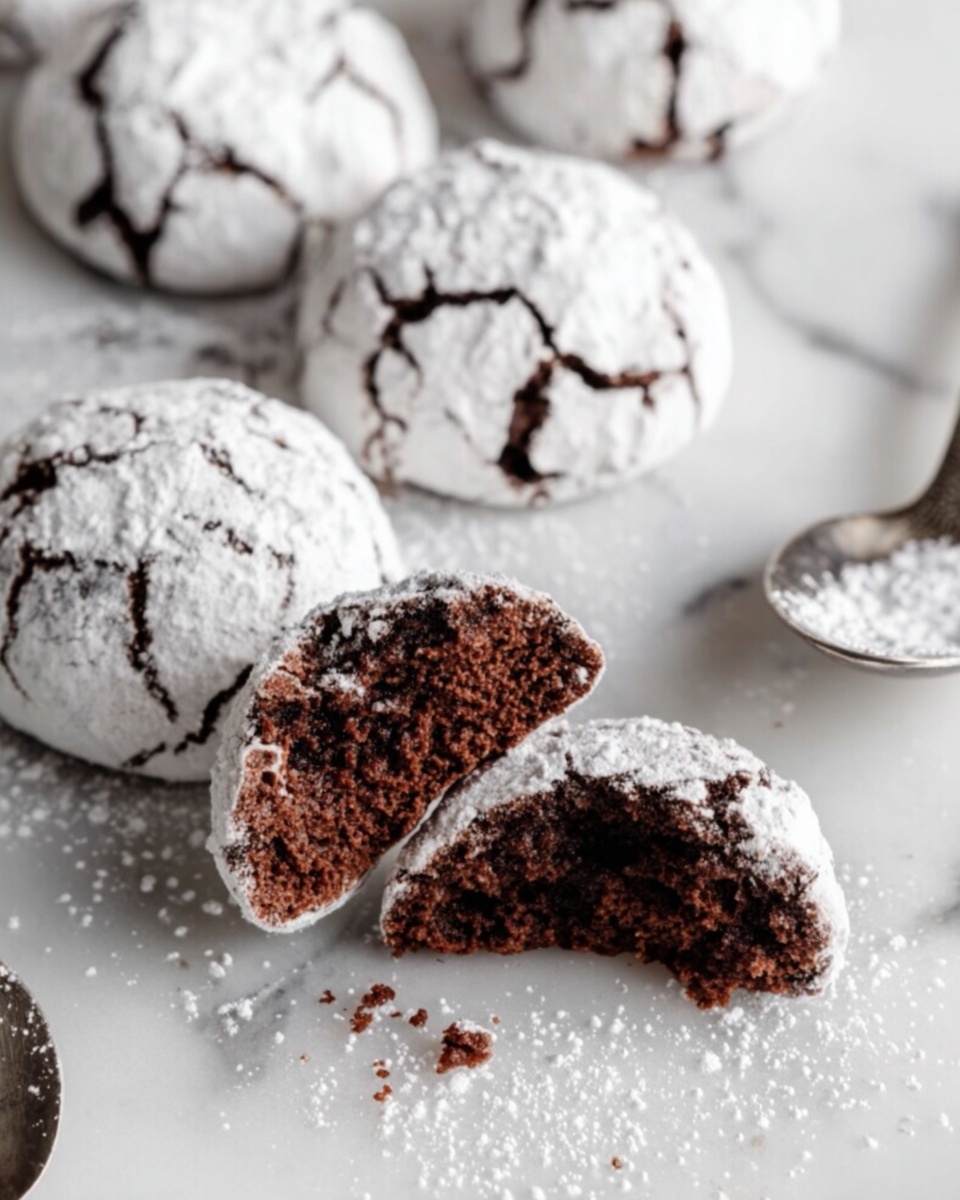 The image shows round chocolate cookies with a cracked white sugar coating on top, resting on a white marbled surface. One cookie in the front is broken in half, revealing a moist, rich dark brown chocolate inside with a soft texture. The cookies are arranged loose and scattered, with powdered sugar lightly dusted around them. A silver spoon is placed nearby, partially visible. The overall look is simple and fresh, with strong contrast between the white sugary outside and the dark chocolate inside. Photo taken with an iphone --ar 4:5 --v 7