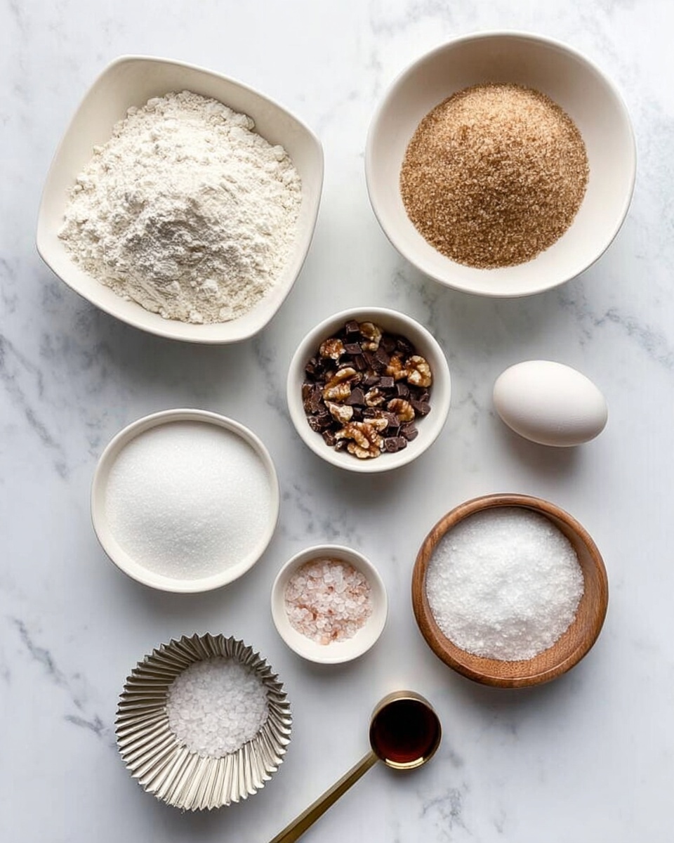 The image shows a white marbled surface with seven small bowls and one egg arranged neatly. The largest white bowl on the top left contains white flour with a soft, powdery texture. Next to it on the right is a medium white bowl filled with light brown sugar that looks crumbly and fine. Below these, a white square bowl on the left is filled with granulated white sugar, smooth and shiny. To its right, a white round bowl contains a mix of chopped nuts and small chocolate pieces in dark and light brown tones. Above it, another white round bowl holds a cinnamon-colored powder mix, soft and dry. A small round wooden bowl near the bottom right is filled with coarse white sea salt crystals. In front of the wooden bowl is a small metallic fluted container holding fine, pale pink salt. Lastly, a gold measuring spoon with a small amount of dark vanilla extract is placed near the bottom right. A single white egg sits near the two large bowls. Photo taken with an iphone --ar 4:5 --v 7