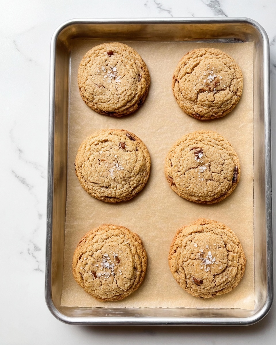 The image shows six round cookies on a silver baking tray lined with light brown parchment paper. The cookies are golden brown with a slightly cracked surface and scattered darker brown spots of nuts or chocolate chips. Small grains of salt or sugar are sprinkled on top of some cookies. The tray is placed on a white marbled surface, giving a clean and bright look. The cookies are evenly spaced and have a soft, slightly textured appearance. photo taken with an iphone --ar 4:5 --v 7