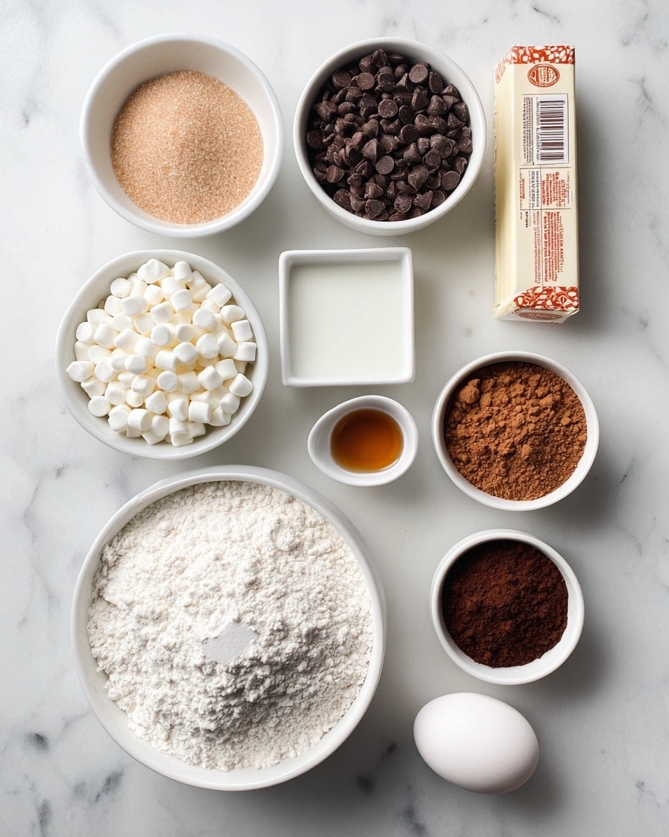 The image shows a white marbled surface with nine white bowls and one stick of salted butter arranged neatly. The largest bowl at the bottom contains white flour with a slightly textured surface. Above it to the left is a medium-sized bowl with white sugar and brown sugar side by side. At the top center is a bowl divided into two halves: one filled with mini white marshmallows and the other with dark chocolate chips. To its right are two small square bowls, one with a white liquid and the other with white powder. Below the stick of butter are two smaller white bowls: one filled with light brown powder and the other with darker brown cocoa powder. A small white cup with amber vanilla extract is near the center. To the right edge, one white egg lies on the marble. The stick of butter is wrapped with a packaging showing red and orange designs. photo taken with an iphone --ar 4:5 --v 7