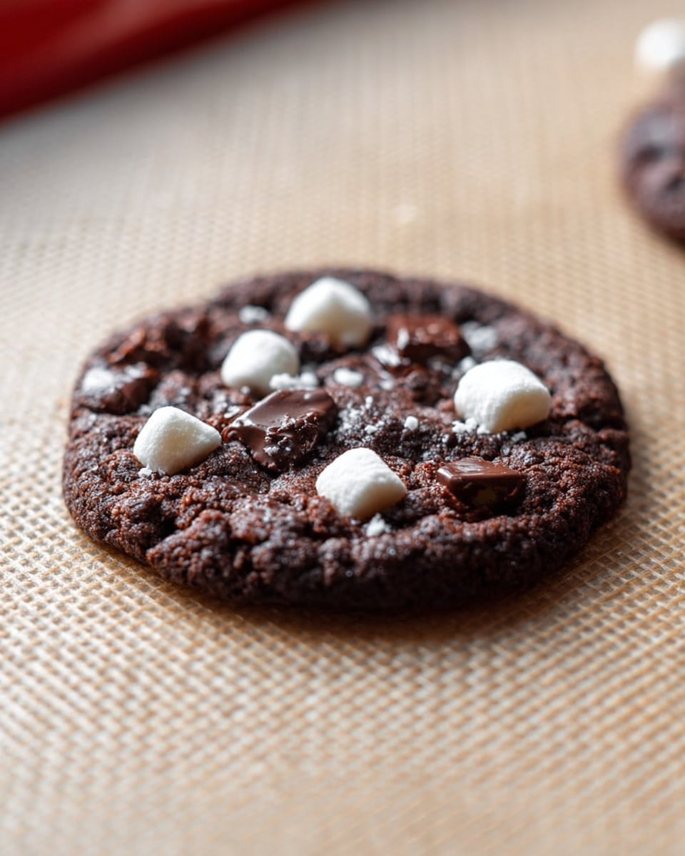A single round dark chocolate cookie lies on a baking sheet lined with a beige textured mat. The cookie has a rough and slightly cracked surface showing a deep brown color. Scattered on top are small white marshmallows and chunks of glossy dark chocolate, adding contrast and texture. The edges of the cookie are slightly raised, creating a rounded shape. The background is softly blurred, focusing attention on the cookie's rich texture. photo taken with an iphone --ar 4:5 --v 7