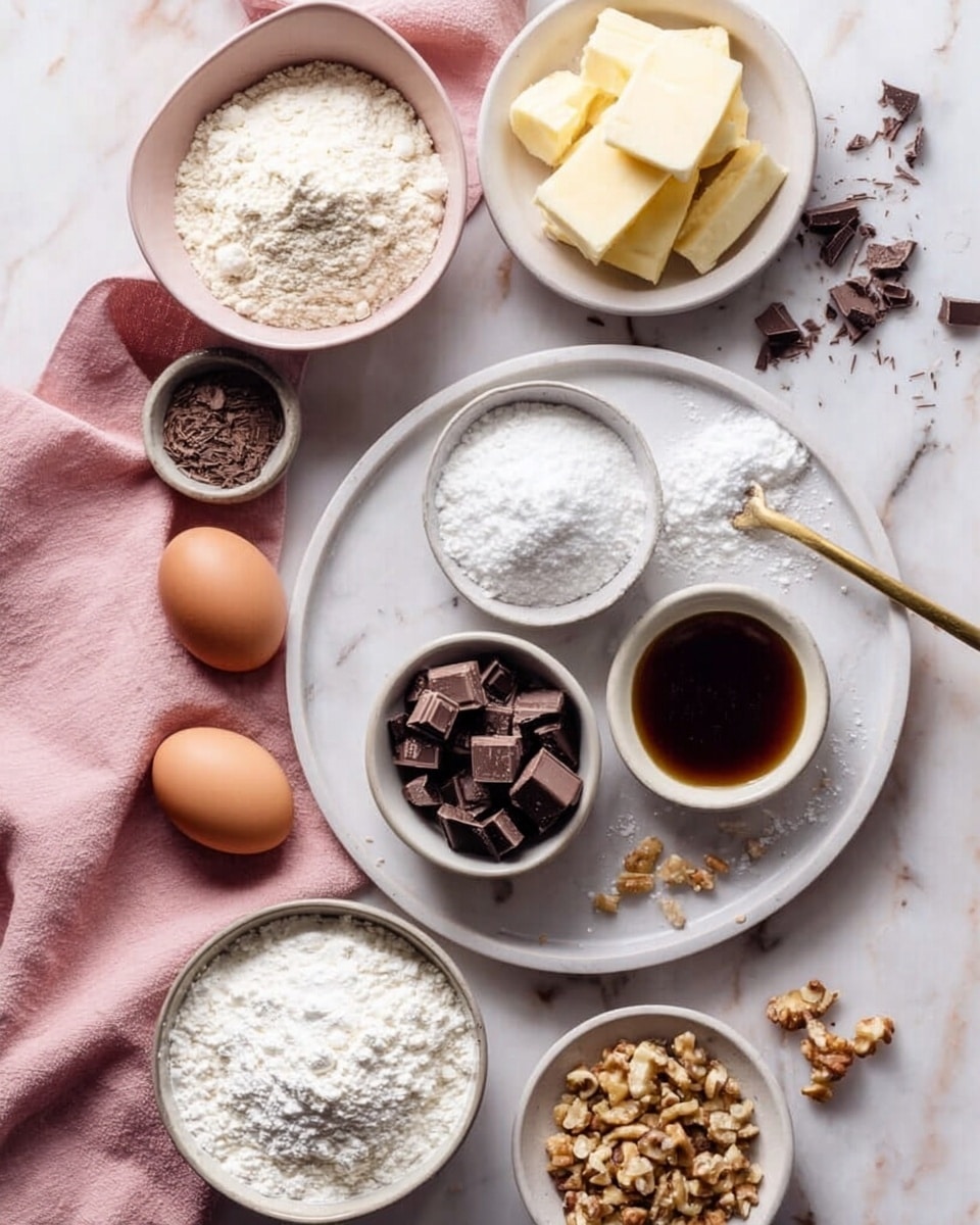 The image shows a top view of several small white bowls and one large white plate arranged on a white marbled surface. The large white plate in the center holds three smaller bowls: one with white sugar, one with white powder (likely baking soda or powder), and one with chopped dark brown chocolate pieces, with a small gold spoon containing a dark liquid on the plate. Around the plate are more small white bowls containing an egg, light yellow butter sticks, chopped nuts, dark brown sugar, and white flour. There is a pink cloth partially under the central plate. The scene looks like ingredients ready for baking, all placed neatly with some scattered nut pieces and chocolate shavings on the surface. Photo taken with an iphone --ar 4:5 --v 7