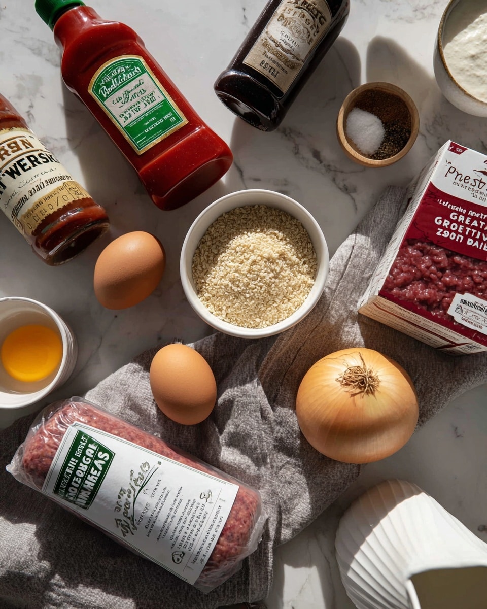 The image shows a group of cooking ingredients arranged on a white marbled surface. From the top left, there is a red bottle of ketchup with a green label lying next to a dark bottle of Worcestershire sauce standing upright. To the right, a white box of puff pastry sheets is placed facing forward. Below these, a package of grass-fed organic ground beef with a green label lies on a light grey cloth. In the bottom area, there is a roll of all natural sausage with a white label placed diagonally. To the left of the sausage, two brown eggs and a light brown whole onion rest on the cloth. In the center, a white bowl full of light tan breadcrumbs is seen. To the bottom right, there is a white textured jug filled with milk. Small white bowls of spices and seasoning are partially visible on the left side. The lighting is natural, highlighting the textures and colors of the ingredients. Photo taken with an iphone --ar 4:5 --v 7