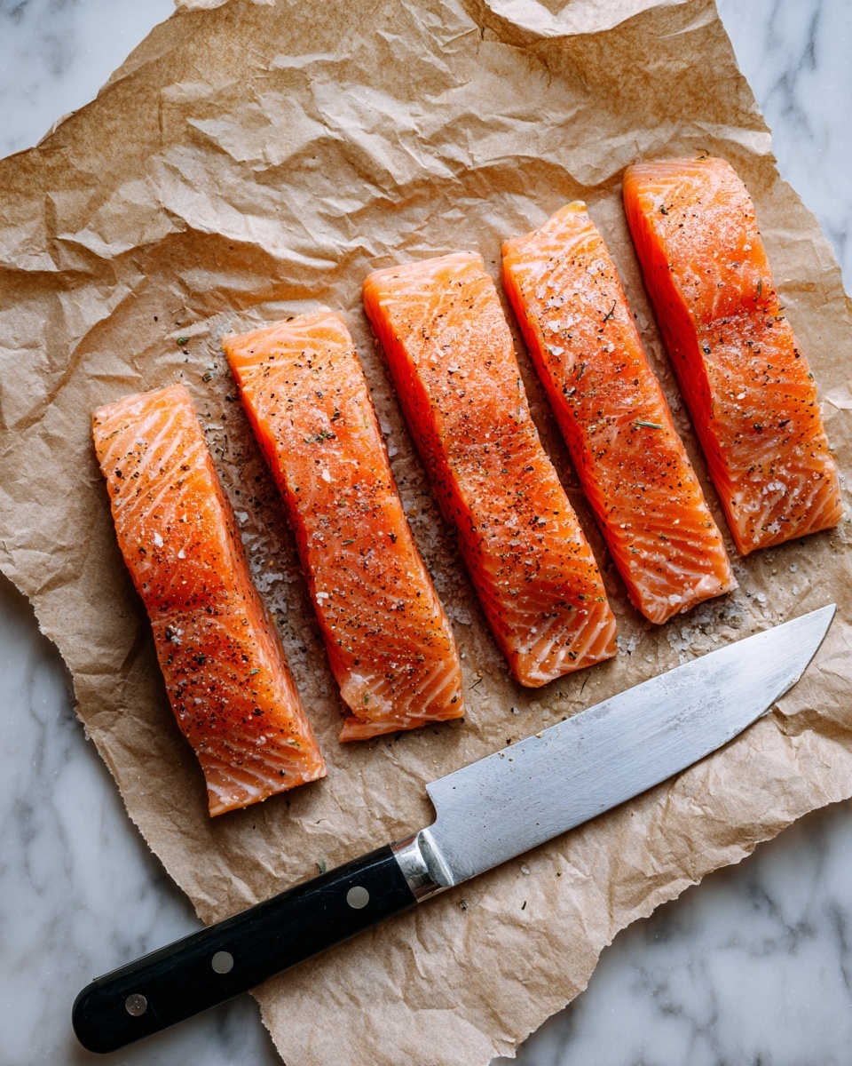 The image shows five pieces of raw fish fillets lined up horizontally on crumpled light brown paper with a coarse texture. Each fillet has an orange-pink color with a sprinkle of dark seasoning on top. Below the fillets, there is a sharp knife with a long silver blade and a black handle resting on the paper. The background surface is a white marbled texture. photo taken with an iphone --ar 4:5 --v 7