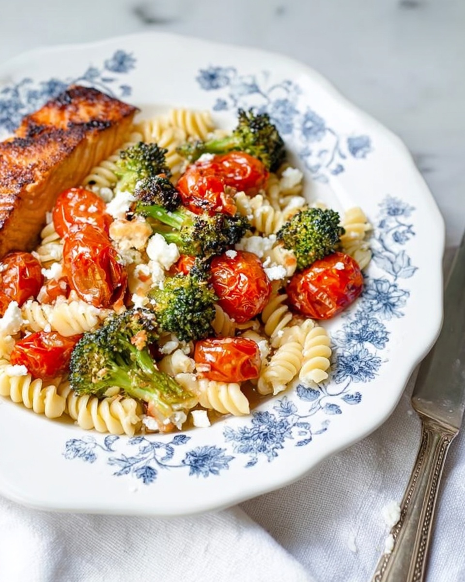 A white plate with blue floral patterns holds a serving of twisty pasta mixed with small, bright red roasted tomatoes and green broccoli florets that show slight charring. Crumbled white cheese is sprinkled over the pasta, adding a doted texture. On the left side of the plate, a piece of golden-brown grilled salmon sits partially on the pasta. The plate is placed on soft white cloth, and a silver knife lies on the right against a white marbled surface. Photo taken with an iphone --ar 4:5 --v 7