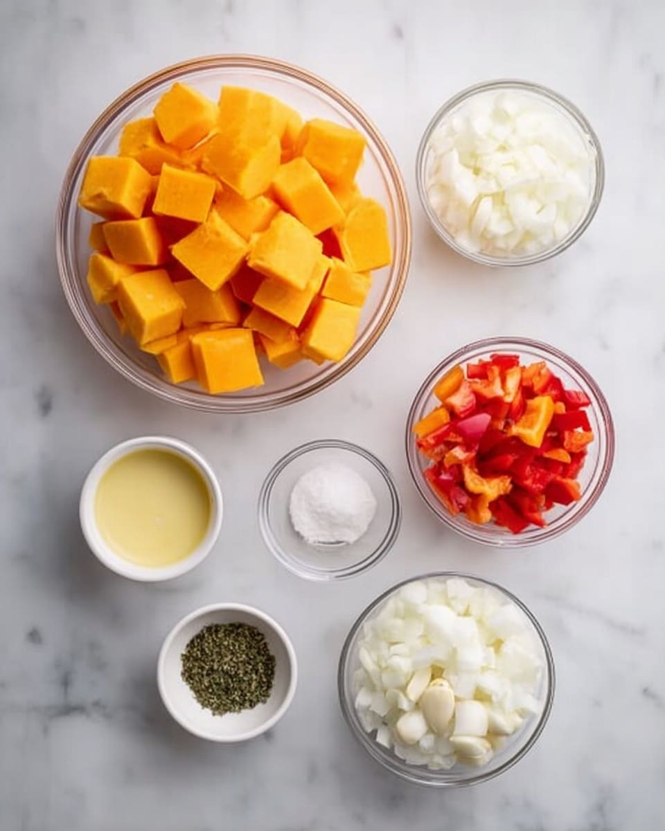The image shows several clear glass bowls arranged neatly on a white marbled surface. The largest bowl at the top left is filled with bright orange cubed squash. Below and to the right, smaller bowls hold white chopped onions, chopped red and orange bell peppers, whole peeled garlic cloves, white sugar, salt, dried green herbs, and a light yellow creamy liquid. The ingredients are spaced evenly to create a clean and organized look. photo taken with an iphone --ar 4:5 --v 7