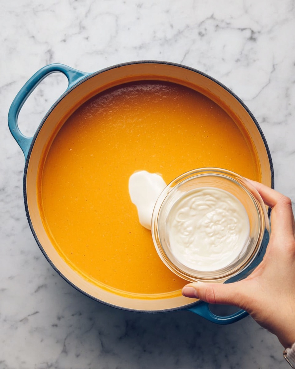 A top view of a large blue pot filled with smooth orange soup. A woman's hand is pouring white cream from a small clear glass bowl into the soup. The pot is placed on a white marbled surface. Photo taken with an iphone --ar 4:5 --v 7