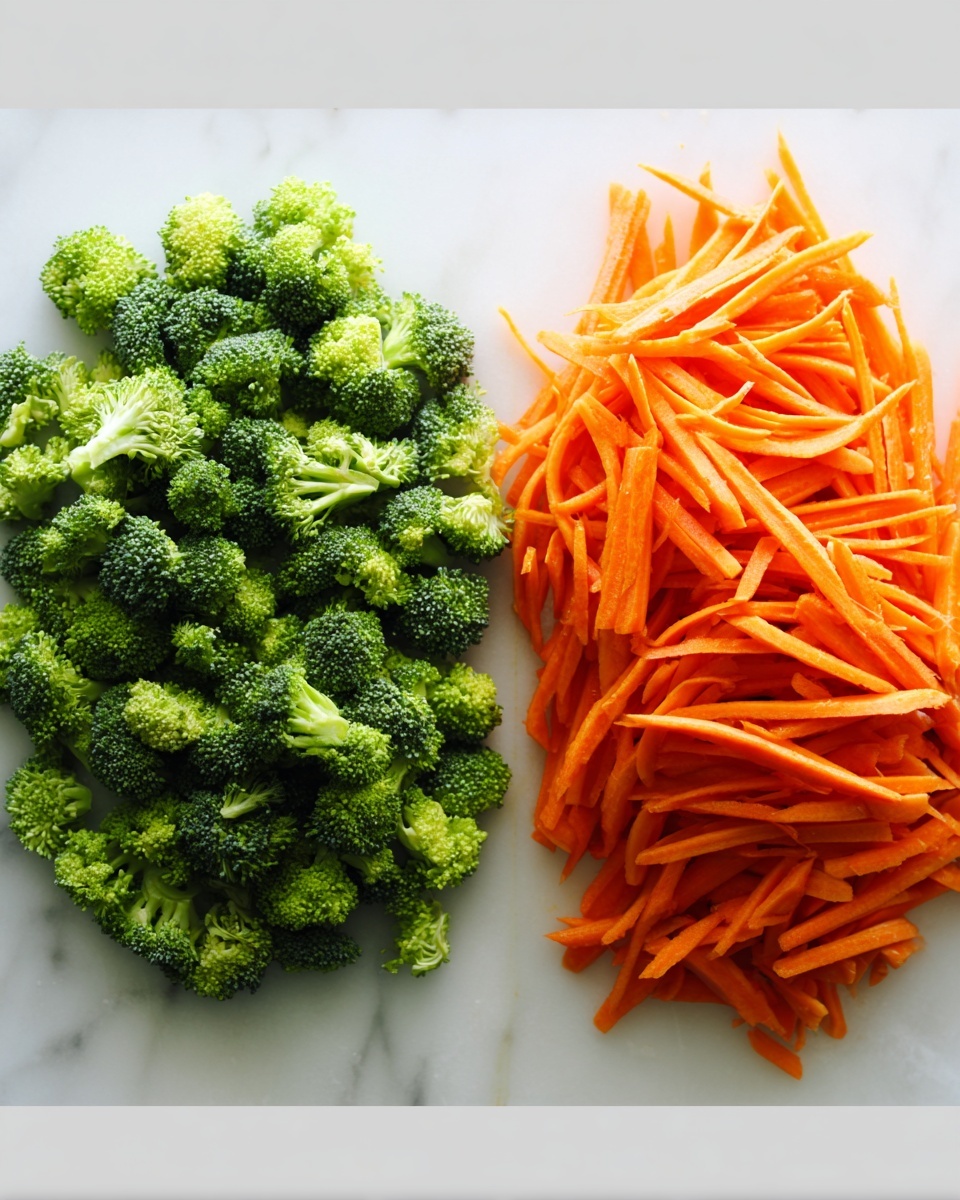 The image shows two piles of vegetables side by side on a white marbled surface. On the left, there are many small bright green broccoli florets with a rough texture and round shapes. On the right, there is a heap of thin, long, orange carrot sticks with a smooth texture. The colors are fresh and vibrant, and there is no plate or bowl visible, just the vegetables on the surface. photo taken with an iphone --ar 4:5 --v 7