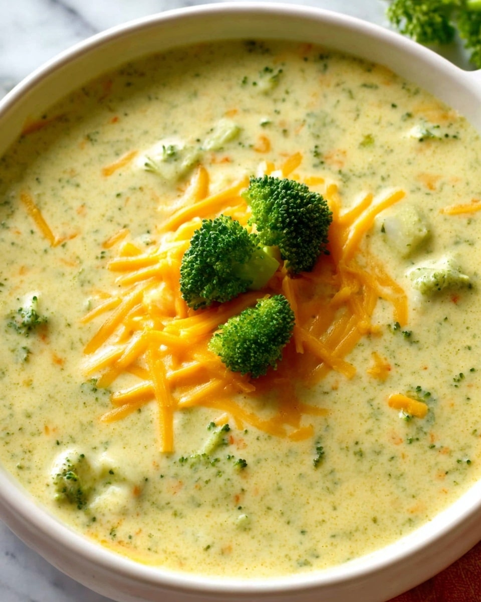 The image shows a bowl of creamy broccoli soup with a smooth, pale green texture filled with small broccoli pieces. On top of the soup in the middle are bright yellow shredded cheddar cheese and two small, fresh green broccoli florets. The soup is served in a white bowl placed on a white marbled surface. photo taken with an iphone --ar 4:5 --v 7