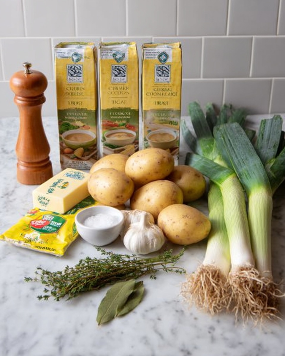 The image shows a white marbled surface with two cartons of chicken broth standing vertically at the back. In front of them, there are five yellow potatoes arranged in a loose cluster. To the right, there are three large green leeks lying down, some with roots visible. In front of the potatoes, there is a small bunch of fresh thyme and some chives, along with a single bay leaf. To the left side, there is a block of butter with the label facing forward, two garlic cloves, a white bowl with some coarse salt inside, and a yellow package of organic poultry seasoning. A wooden pepper grinder stands tall on the far left near the edge of the surface. The background is a tiled white wall. Photo taken with an iphone --ar 4:5 --v 7