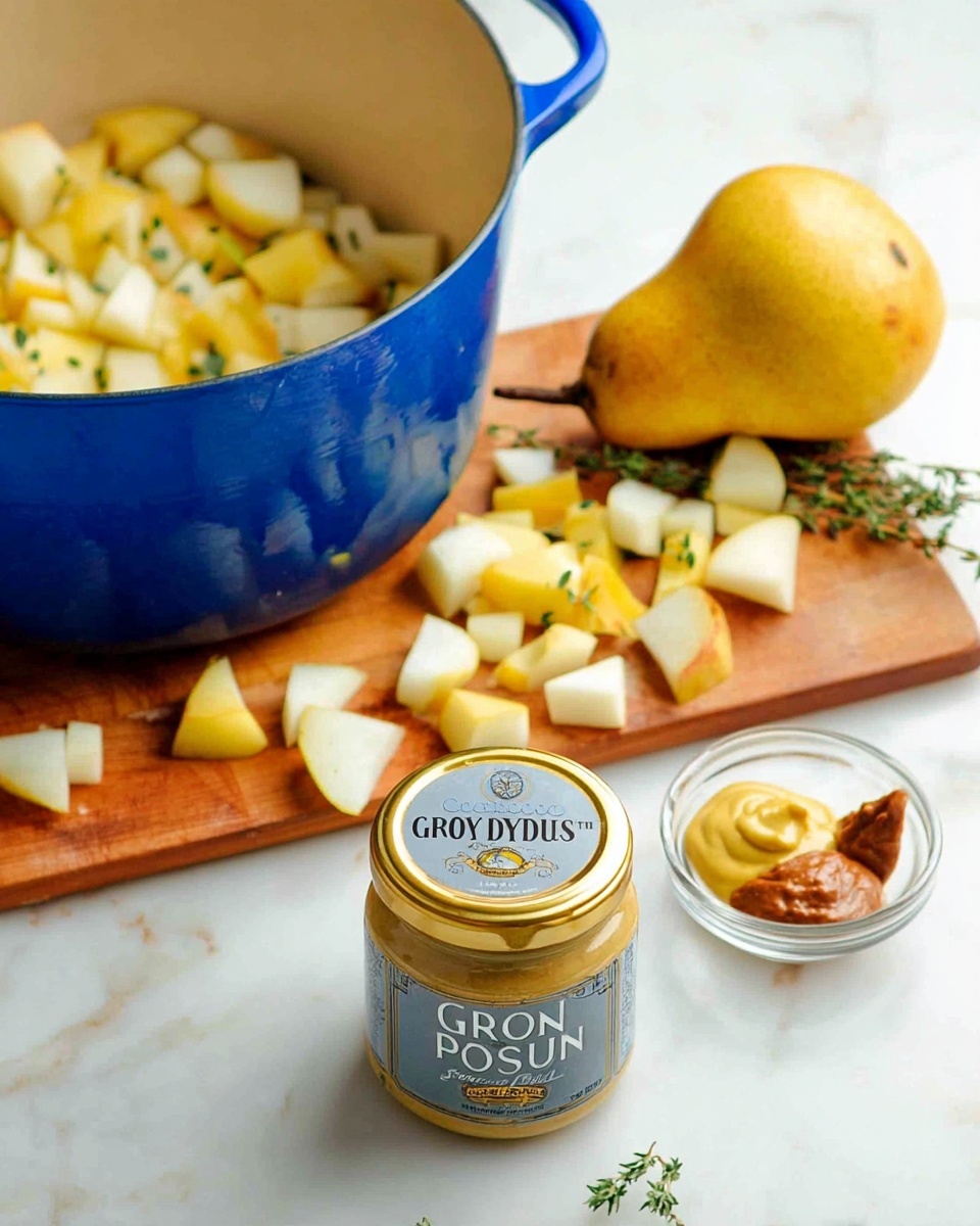 The image shows a large blue pot on the left side, with a wooden cutting board behind it covered with chopped yellow and white pear pieces and some green herbs like thyme. On the right side, there is a whole yellow pear. In the front center, there is an open jar of Grey Poupon Dijon mustard with a few spoon marks inside. Next to the jar, on the right, is a small clear glass bowl holding two dollops of mustard and one reddish-brown paste. All items are placed on a white marbled surface. photo taken with an iphone --ar 4:5 --v 7