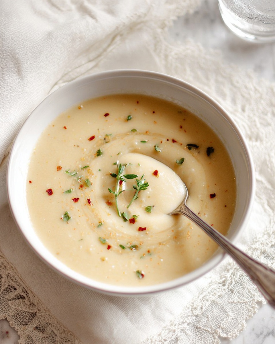A white bowl filled with smooth, creamy light beige soup is centered on a white marbled surface, sitting on a white cloth napkin with lace details. The soup's surface has a gentle swirl pattern, topped with small green herb leaves and tiny red flakes scattered evenly. A silver spoon rests inside the bowl on the right side, slightly lifting some soup that glistens softly under the light. The background is softly blurred with a white marbled texture and a hint of a glass with water in the top right corner. Photo taken with an iphone --ar 4:5 --v 7