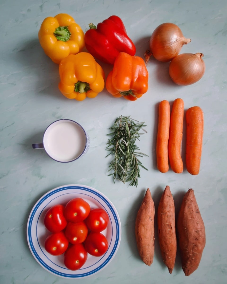 The image shows a flat lay of fresh vegetables and a small white container of milk on a white marbled surface. At the top left are three bell peppers in yellow, orange, and red colors, arranged close to each other. To the right of them, there are three medium-sized brown onions clustered together. Below the peppers and onions, a small white cup filled with milk is placed on the left side. In the center, there is a small bunch of green rosemary leaves. To the right of the rosemary are four evenly spaced, long, orange sweet potatoes. At the bottom left, a white plate with a blue inner rim holds eight shiny red tomatoes. Right beside the plate, on the right, a group of seven bright orange carrots lay side by side in two neat rows. The whole scene is evenly lit, and the white marbled surface provides a clean and simple background. Photo taken with an iphone --ar 4:5 --v 7