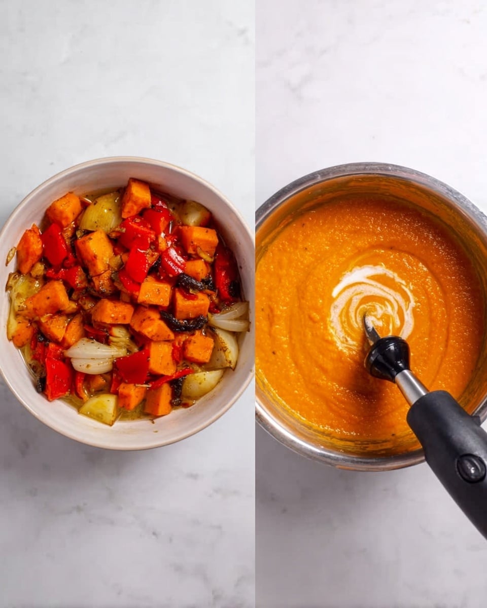 The image shows two round white bowls on a white marbled surface. The bowl on the left contains roasted vegetables: bright orange chunks, red and yellow pieces, and light brown onions, all mixed and slightly glossy with oil. The bowl on the right has a smooth orange puree filling most of it, with a light creamy swirl on top and a black immersion blender partly submerged in the puree. The two bowls are side by side with equal spacing. photo taken with an iphone --ar 4:5 --v 7