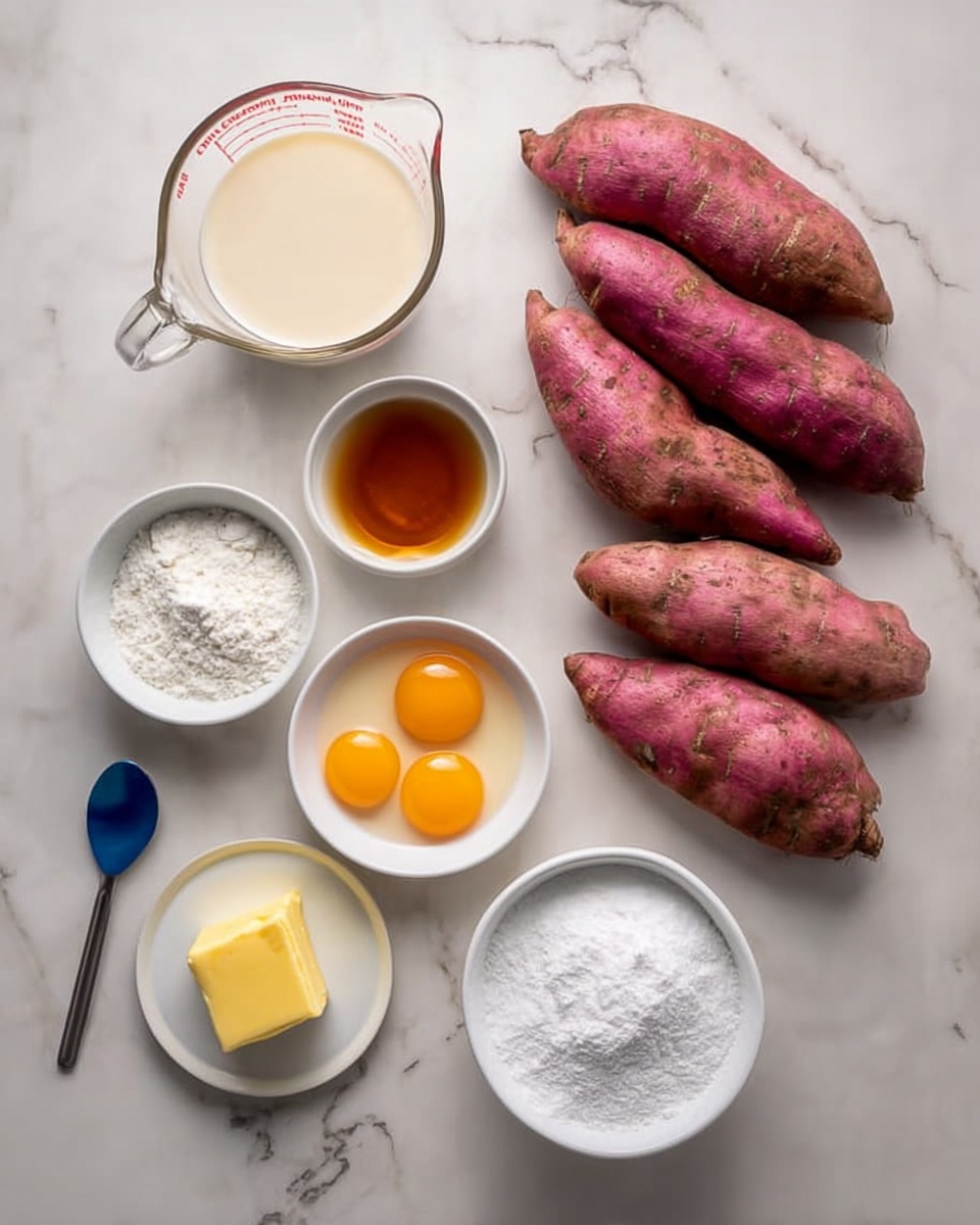 The image shows eight ingredients neatly arranged on a white marbled surface. There are four raw purple sweet potatoes with rough skin placed near the top right. To the top left, a clear measuring cup holds a light cream-colored liquid. Below the measuring cup, a white bowl contains three bright orange egg yolks. Next to it on the right, a small white bowl has light brown liquid vanilla extract. Below the vanilla, a blue spoon with white salt is placed horizontally. To the left of the spoon, a white bowl holds white powder, probably cornstarch. At the bottom center, a small clear bowl contains a yellow cube of butter. Finally, to the right of the butter, a large white bowl is filled with white sugar granules. Photo taken with an iphone --ar 4:5 --v 7