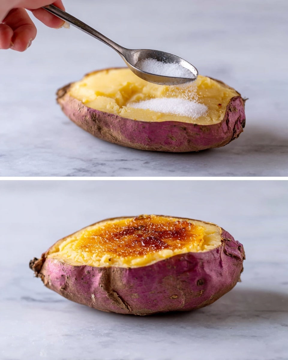 The image shows a close-up of a small sweet potato placed on a white marbled surface. The sweet potato is cut in half lengthwise, exposing the smooth pale yellow inside. In the left part of the image, a woman's hand holds a silver spoon above the sweet potato, sprinkling white sugar evenly onto the exposed surface. On the right, the sweet potato half is topped with a caramelized, golden-brown crust, contrasting with the purple skin and smooth inside. Photo taken with an iphone --ar 4:5 --v 7