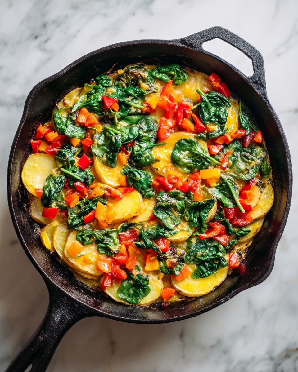 The image shows a black cast iron pan filled with cooked vegetables on a stove with white marbled surface in front. The dish has three main layers: at the bottom are many thin, golden yellow slices of cooked potato, some slightly browned. On top of the potatoes are bright orange small diced bell peppers scattered evenly. The top layer features fresh green spinach leaves that are softened but still bright. The colors mix well and the pan rim is clean, with the stove grate visible beneath. Photo taken with an iphone --ar 4:5 --v 7