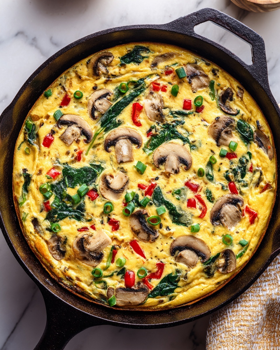A round frittata cooked in a black cast iron skillet sits on a white marbled surface. The frittata has a golden yellow base that fills the pan, studded with soft green spinach leaves, small red bell pepper pieces, and thin slices of light brown mushrooms layered evenly on top. There are also small slices of green onions scattered throughout, adding color contrast. The edges of the frittata are lightly browned and slightly raised, giving it a cooked but soft texture. Photo taken with an iphone --ar 4:5 --v 7
