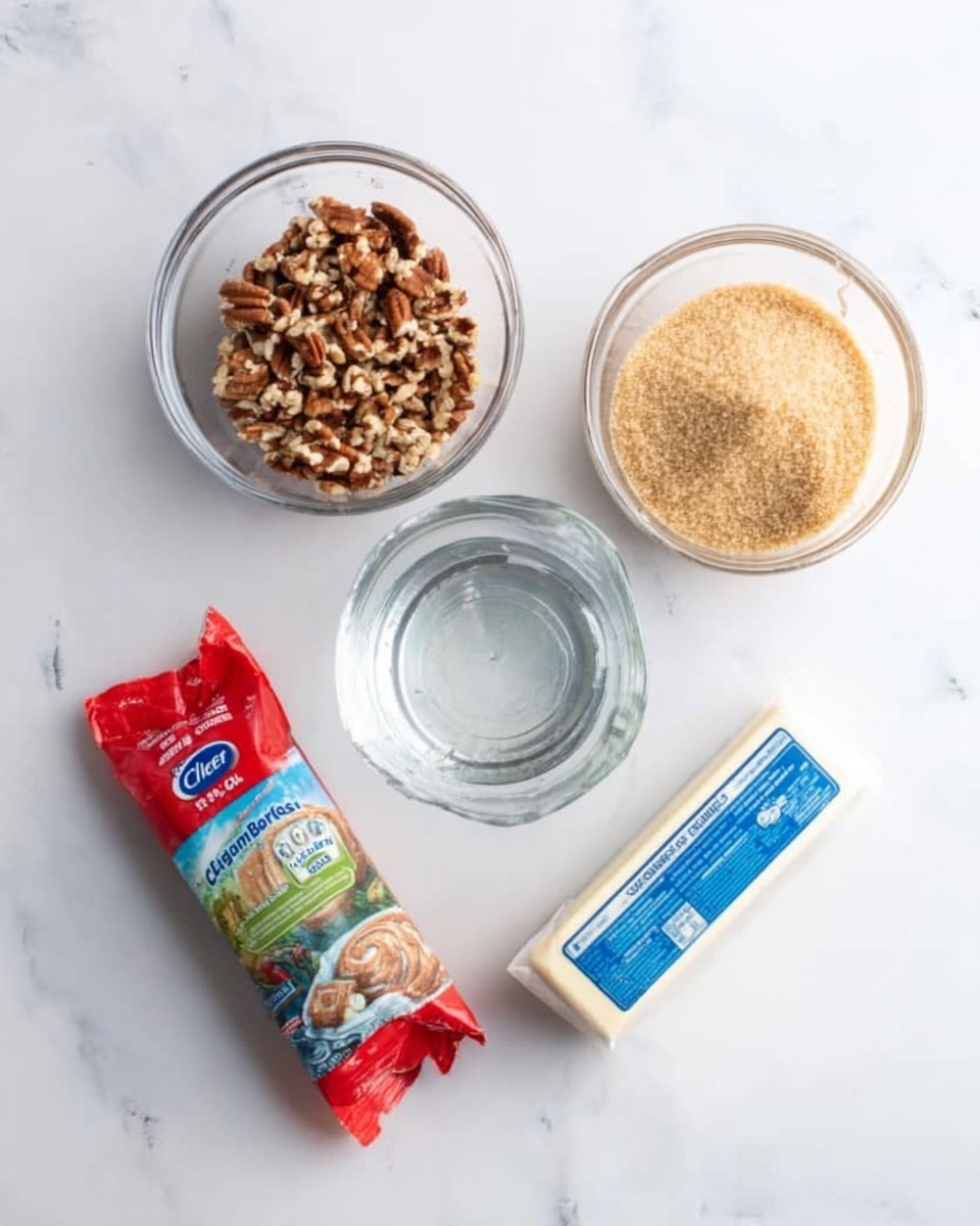 The image shows five items arranged on a white marbled surface. At the top left, there is a clear glass bowl filled with chopped pecans that are light brown with some darker pieces. Next to it on the right is another clear glass bowl filled with golden brown sugar that has a soft, grainy texture. Below the pecans, there is a clear glass measuring cup with water inside, showing a transparent liquid with faint reflections. To the right of the water is a stick of butter wrapped in light cream-colored paper with blue and red labels. Finally, there is a red and blue plastic package of cinnamon roll dough with a bright, colorful label featuring images of rolls and text. The photo taken with an iphone --ar 4:5 --v 7