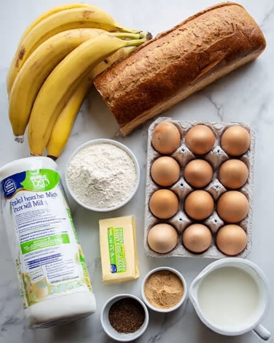 The image shows a bunch of bright yellow bananas on the left side, resting on a white marbled surface. Next to them is a light brown loaf of bread placed horizontally at the top. Below the bread, there is a white egg carton with a green and white label, filled with several light brown eggs. On the right side, a white container of half & half milk and cream stands upright. In front of these main items, there are smaller ingredients arranged: a small rectangular stick of butter wrapped in yellow paper, a small dark brown spice container, a white bowl filled with light brown sugar, and a white measuring cup holding white milk. The overall color palette is warm with yellow, brown, and white tones, all set on a clean white marbled surface. Photo taken with an iphone --ar 4:5 --v 7