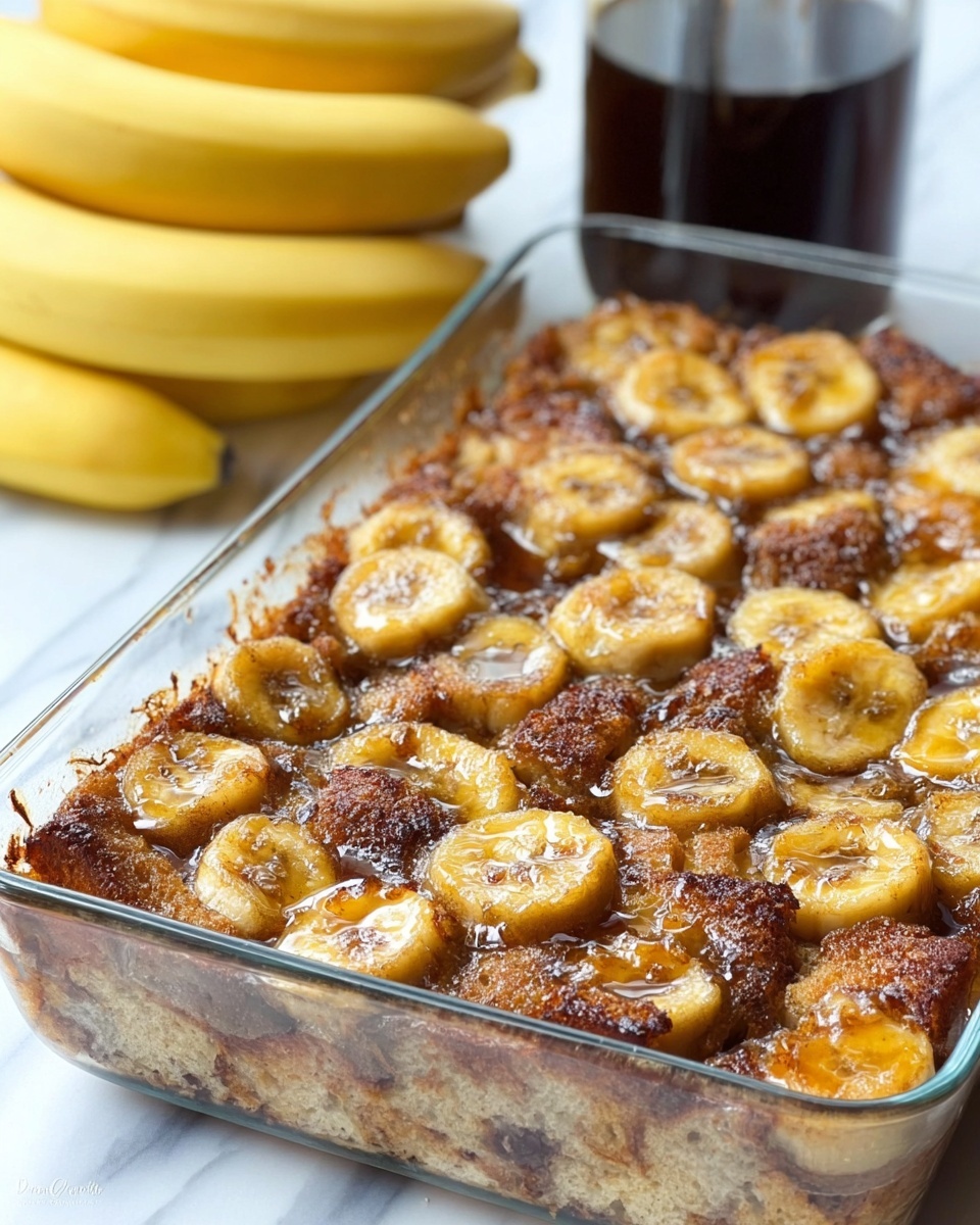 A clear rectangular glass dish filled with a baked banana dessert. The top layer is golden brown with caramelized banana slices spread all over, showing a glossy, slightly sticky texture. Underneath, the bread pieces are toasted and soaked, with a mix of light and darker browns, peeking through the banana slices. The dish sits on a white marbled surface, with a bunch of ripe bananas and a clear glass container with dark liquid in the background. Photo taken with an iphone --ar 4:5 --v 7
