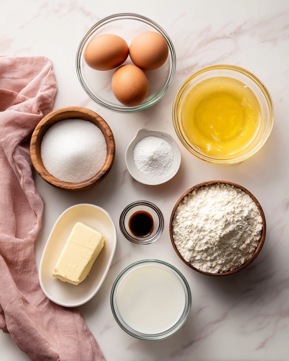 The image shows eight small glass and white dishes arranged neatly on a white marbled surface. At the top left is a glass bowl holding two brown eggs. Next to it on the right is a larger glass bowl with yellow melted butter. Below the eggs to the left is a small wooden bowl filled with white granulated sugar, and below it is a tiny white round dish containing dark vanilla extract. At the center is a small oval white dish with a light yellow butter piece. To the right of the sugar is a larger wooden bowl filled with white flour. Below the butter piece is a glass bowl with a small amount of white milk, and next to it to the right is a glass bowl with clear water. A soft pink cloth rests partially in the bottom left of the frame. Photo taken with an iphone --ar 4:5 --v 7