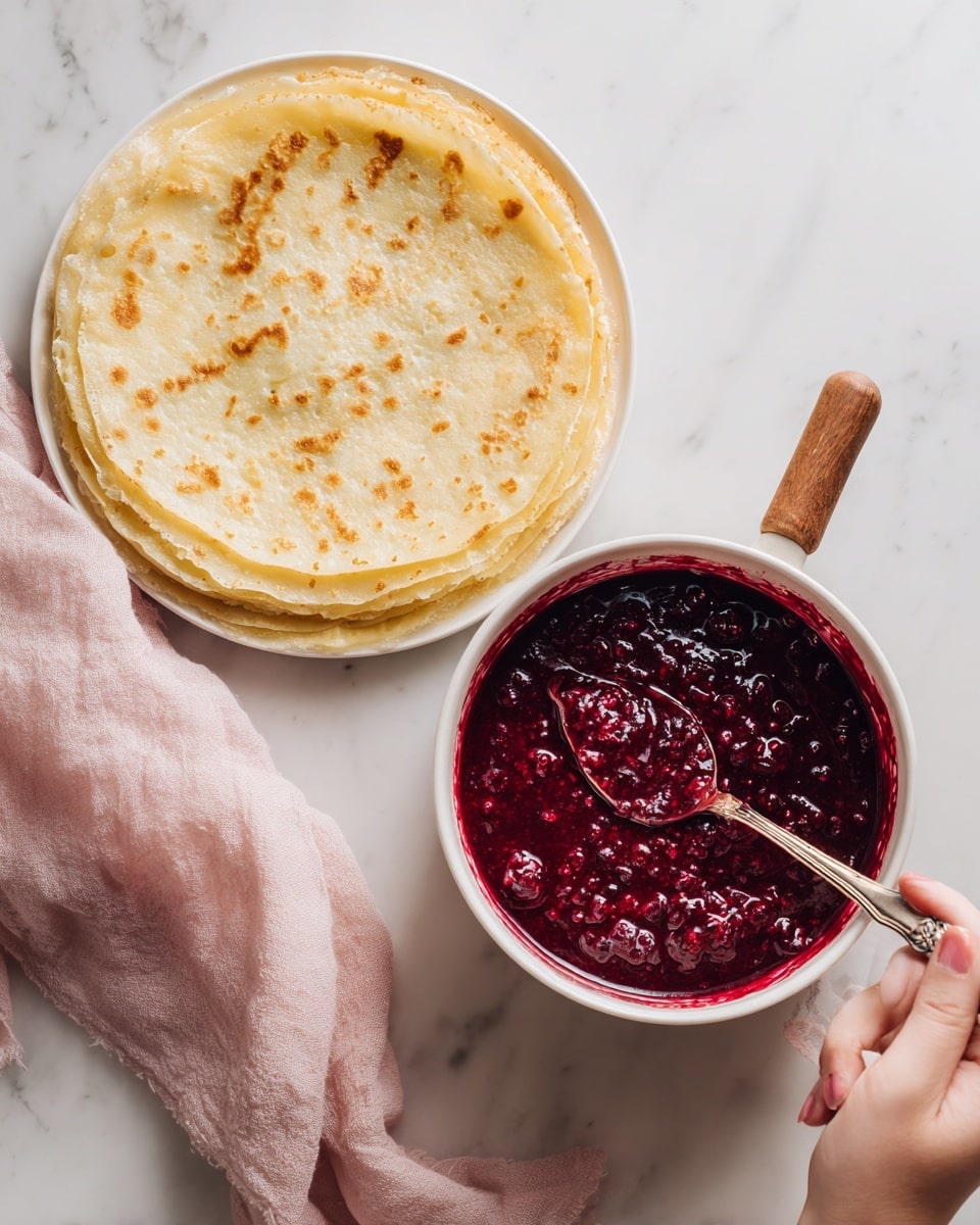 The image shows two parts side by side on a white marbled surface. On the left, there is a stack of thin pancakes on a round white plate. The stack has about eight light golden layers with small brown spots, and the edges are slightly crispy. On the right, there is a white pot with a wooden handle filled with thick, dark red mixed berry sauce with visible whole berries and chunks. A woman’s hand holds a spoon stirring the sauce, with the spoon dipped into the mixture showing its thickness and texture. A pale pink cloth is partly visible near the pot. Photo taken with an iphone --ar 4:5 --v 7