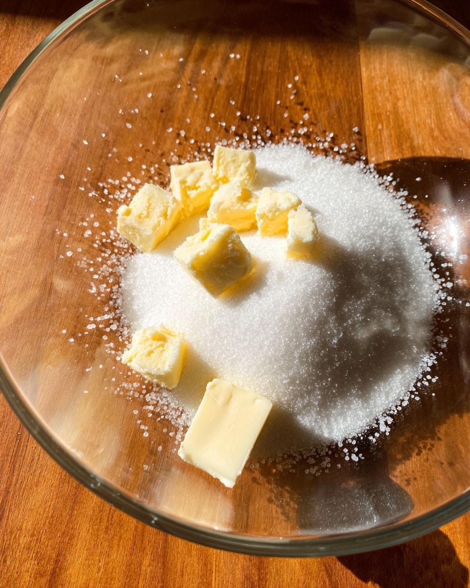 A clear glass bowl contains a pile of white granulated sugar forming the main base layer. Scattered on top and around the sugar are several small chunks of pale yellow butter, with a smooth and slightly creamy texture. The bowl is placed on a wooden surface, reflecting warm natural light that enhances the colors and textures of the ingredients. photo taken with an iphone --ar 4:5 --v 7