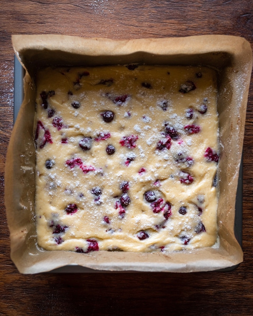 A square metal pan lined with brown parchment paper holds a thick layer of pale yellow batter mixed with scattered dark red and purple berries evenly spread throughout. The surface of the batter is textured with soft, gentle folds and lightly dusted with granulated sugar that sparkles subtly in the light. The pan rests on a medium brown wooden surface. photo taken with an iphone --ar 4:5 --v 7