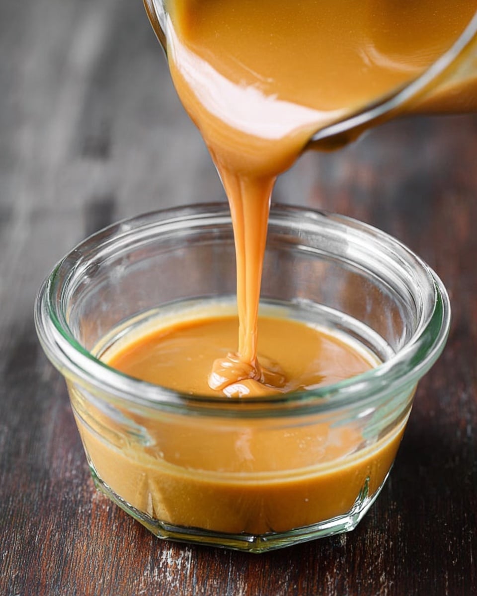 A thick, smooth tan sauce is being poured from a clear glass container into a small clear glass jar with a round shape and thick rim; the sauce creates a soft, shiny pool at the bottom. The surface below is a dark wooden texture, contrasting with the glass and sauce colors. Photo taken with an iphone --ar 4:5 --v 7