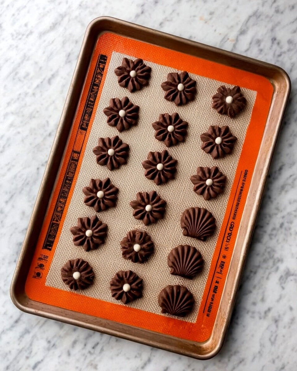 A metal baking tray with a white marbled texture background holds a silicone mat with an orange border and black text along the left edge. On the mat, there are three rows of chocolate cookies shaped differently: the first and third rows have flower-shaped cookies with pointed petals, the middle row has flower-shaped cookies with rounded petals and a white center, and the right column has shell-shaped cookies. Each cookie is deep brown and arranged neatly with even spacing between them. photo taken with an iphone --ar 4:5 --v 7