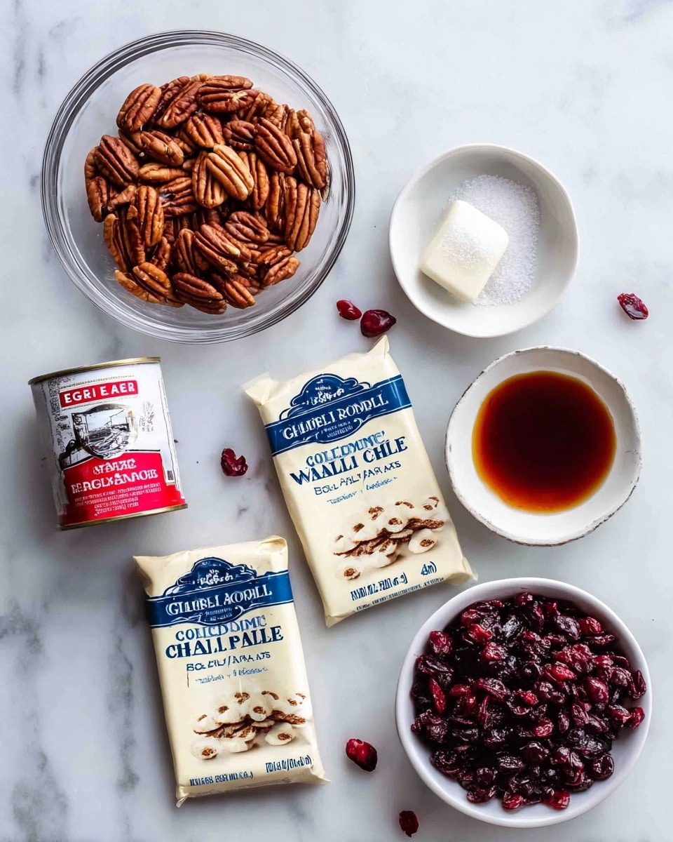 The image shows six items placed on a white marbled surface. At the top left, there is a clear glass bowl filled with whole pecans, showing their rich brown texture. To the right of this bowl is a small white bowl with a small amount of coarse salt inside, giving a rough white texture. At the top right corner, there is a small white bowl filled with dark amber liquid, likely vanilla extract. In the center, slightly overlapping the salt and vanilla, are two unopened packs of Ghirardelli Classic White baking chips in cream-colored packaging with blue and black text and pictures of cookies with white chips. At the bottom left, there is a small can of Eagle Brand sweetened condensed milk with a red and white label. On the right, near the bottom, there is a white bowl filled with dark red dried cranberries, and a few cranberries are scattered outside the bowl on the surface. Photo taken with an iphone --ar 4:5 --v 7