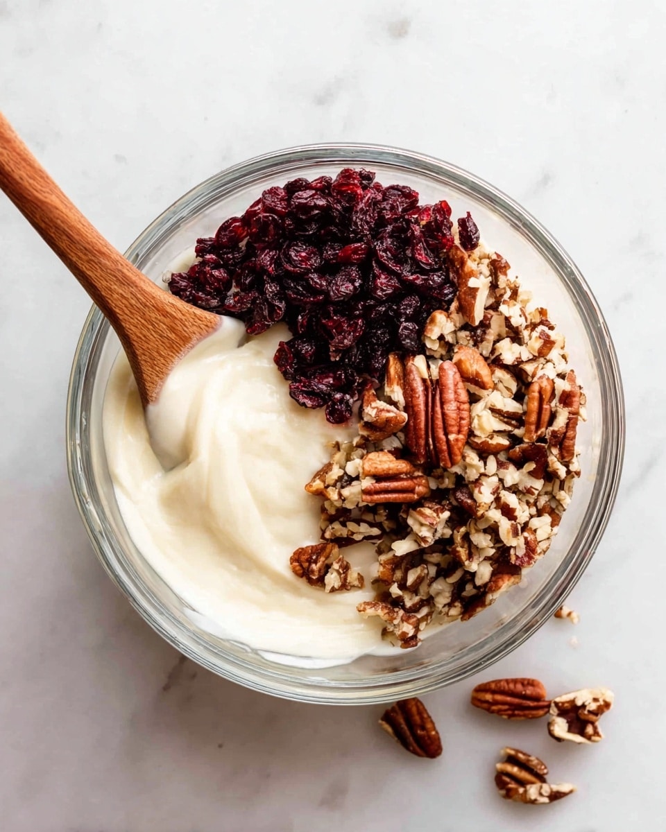 A clear glass bowl sits on a white marbled surface, filled with three distinct layers visible from above: on the bottom is a smooth, creamy white mixture that looks soft and thick, topped on the left side by a heap of small dark red dried berries, and on the right side by a pile of broken light brown pecan nuts with textured, ridged surfaces; a wooden spoon rests inside the bowl, partially inserted into the creamy base, with a woman's hand likely holding it just out of view. A few dried berries are scattered loosely around the bowl on the white marbled surface photo taken with an iphone --ar 4:5 --v 7